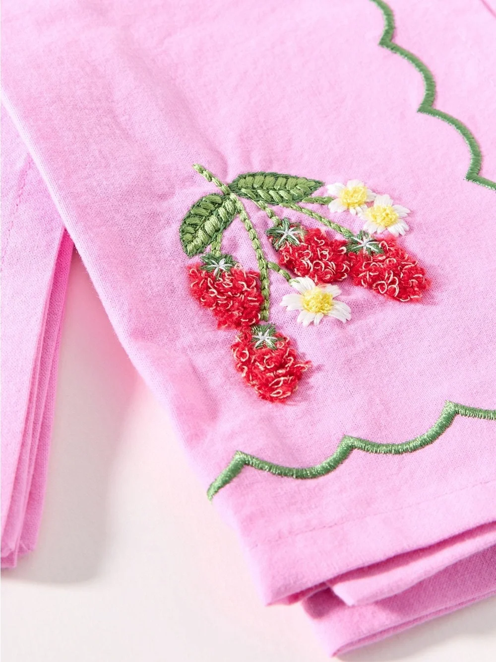 Anthropologie Pink Floral Embroidered Linen Napkins with Green Scallop Set of 4